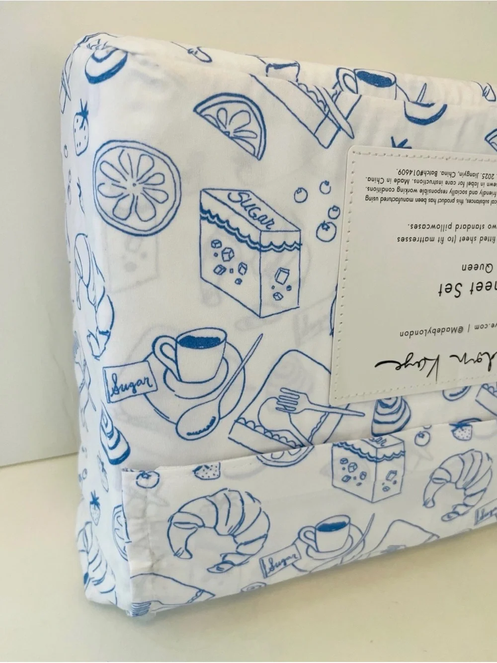 London Kaye Parisian Pastry Queen Size Sheet Set White Blue Coffee Croissant
